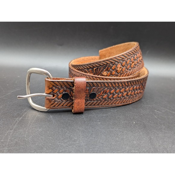 VTG Full Grain Cowhide Brown Leather Belt 46 Made USA American Bald Eagle Latice - Picture 1 of 10